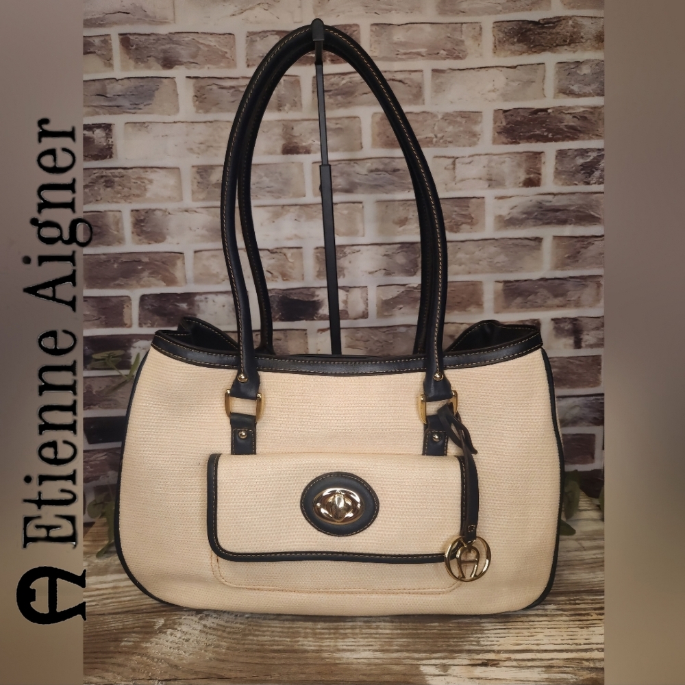 Etienne Aigner Large Beige Jute/Leather Multi-Compartment Shoulder Bag NWOT